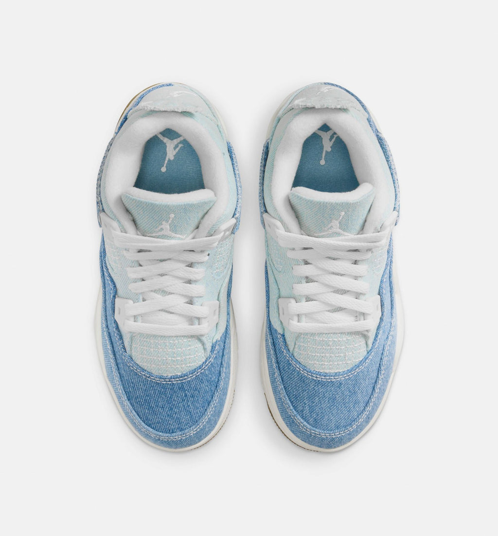 Air Jordan 4 Retro Worn Blue Preschool Lifestyle Shoes - Sail/Worn Blue/Metallic Gold