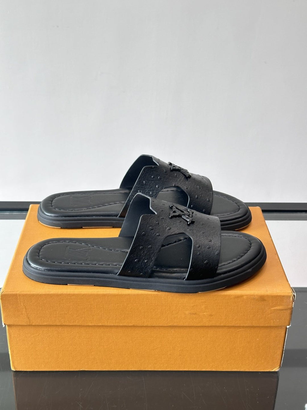 Louis Vuitton Black Embossed Slide Sandals - Rubber Sole