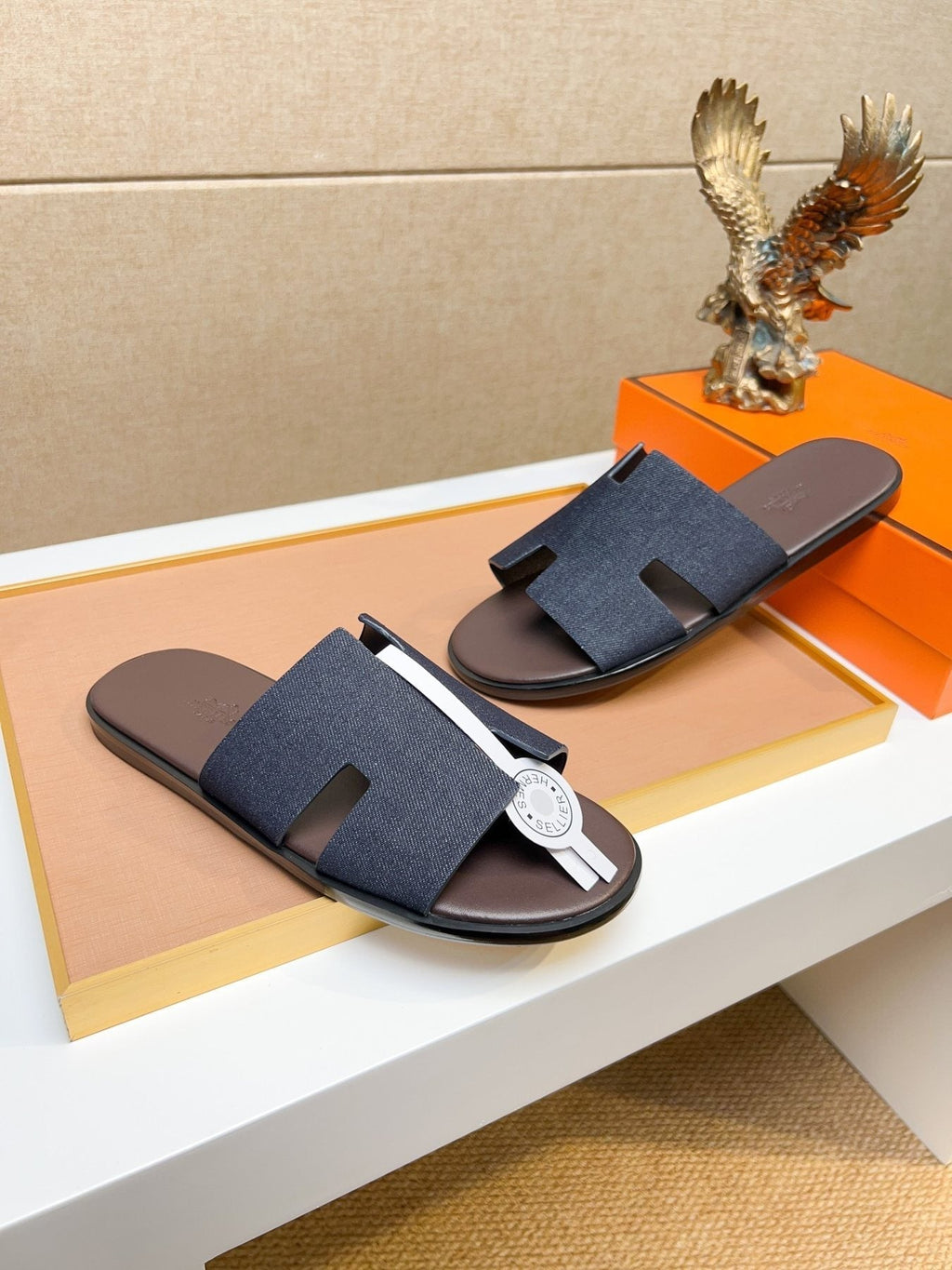 Hermès Dark Navy Blue H-Strap Slide Sandals