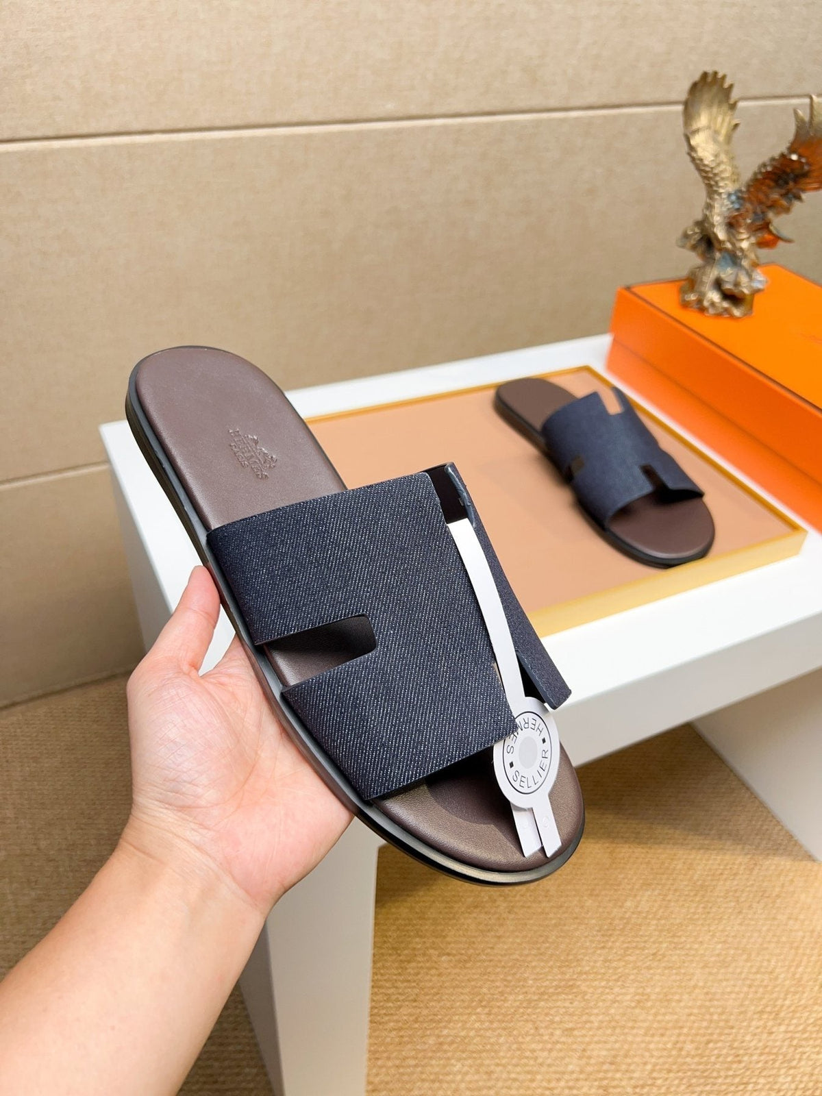 Hermès Dark Navy Blue H-Strap Slide Sandals