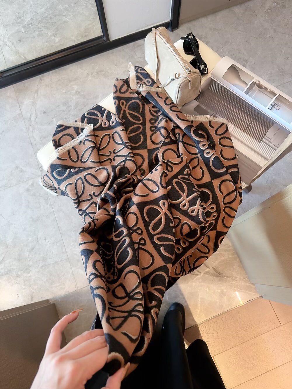 Loewe Taupe Graphic Motif Scarf