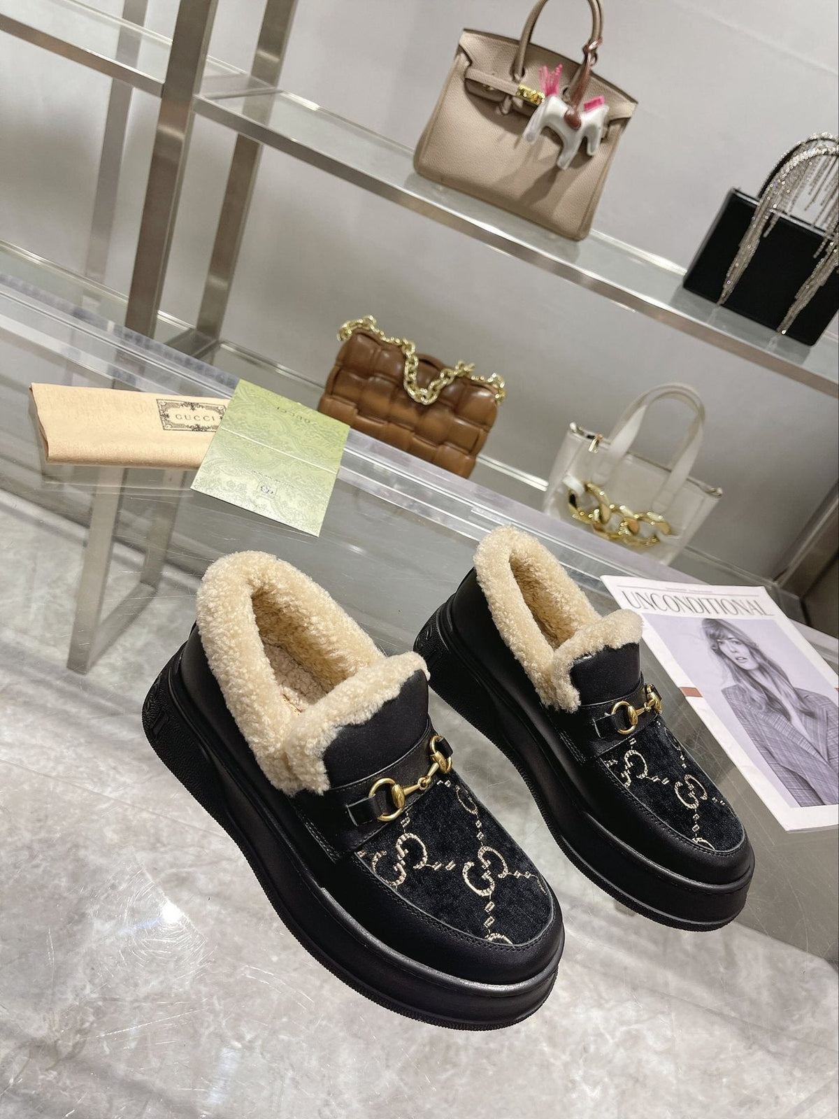 Gucci Patterned Plush-Lined Slip-On Shoes